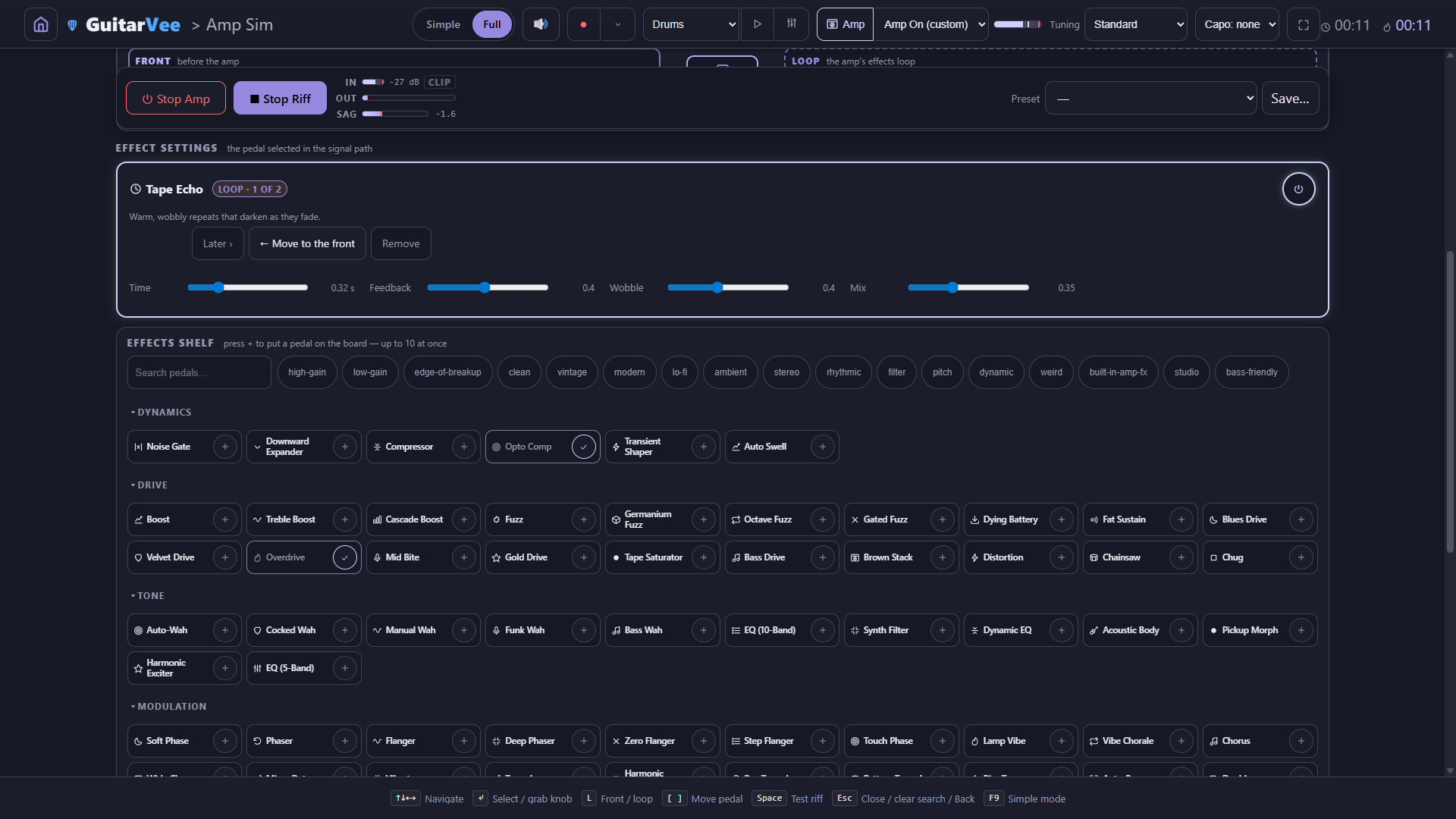 Effect settings for Tape Echo, labelled LOOP · 1 of 2 — a power button, the buttons Later, Move to the front and Remove, and sliders for Time 0.32 s, Feedback 0.4, Wobble 0.4 and Mix 0.35, with the effects shelf below