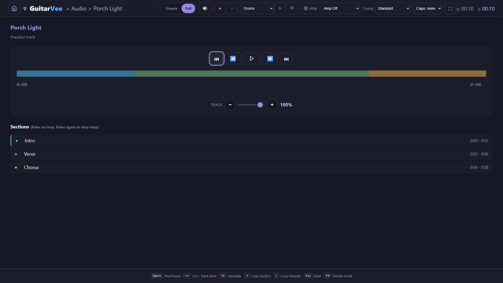 The Audio Player for Porch Light, a practice track — transport buttons, a progress bar coloured by section, a TRACK level row at 100%, and a Sections list of Intro, Verse and Chorus with their times