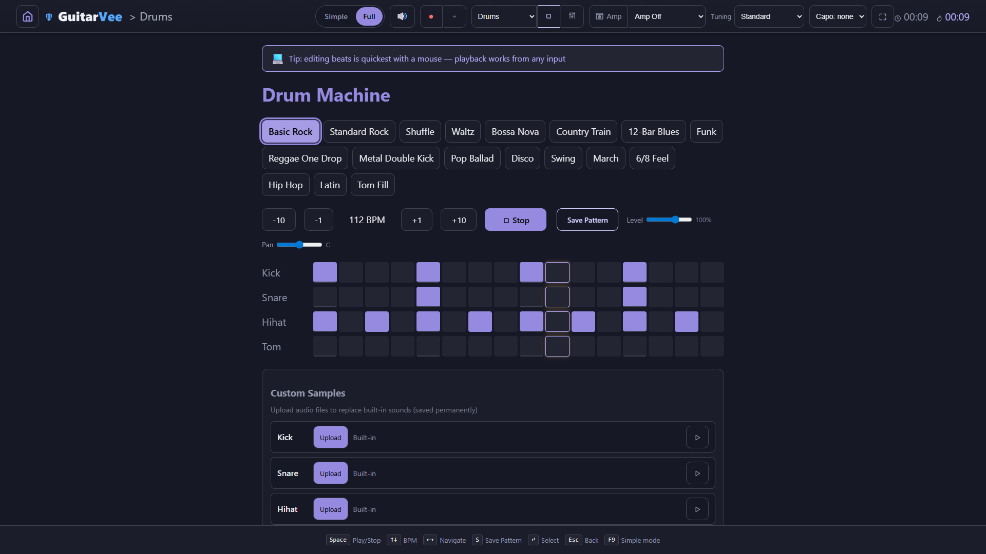 The drum machine mid-playback — eighteen pattern chips from Basic Rock to Tom Fill, 112 BPM with -10 / -1 / +1 / +10 steppers, Level and Pan, a four-row step grid for kick, snare, hihat and tom, and custom sample upload rows for each channel