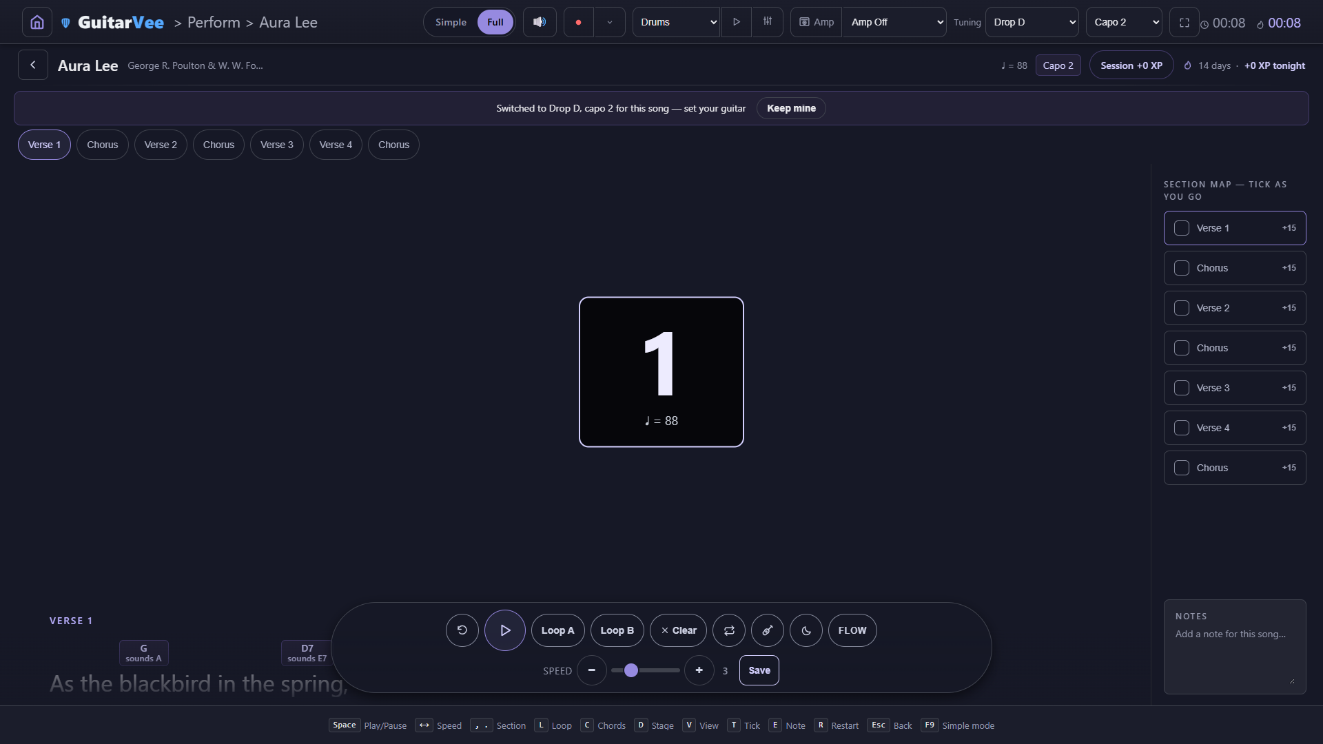 Perform with Aura Lee open — the header tuning now reads Drop D and Capo 2, and a bar under the title says 'Switched to Drop D, capo 2 for this song — set your guitar' with a Keep mine button