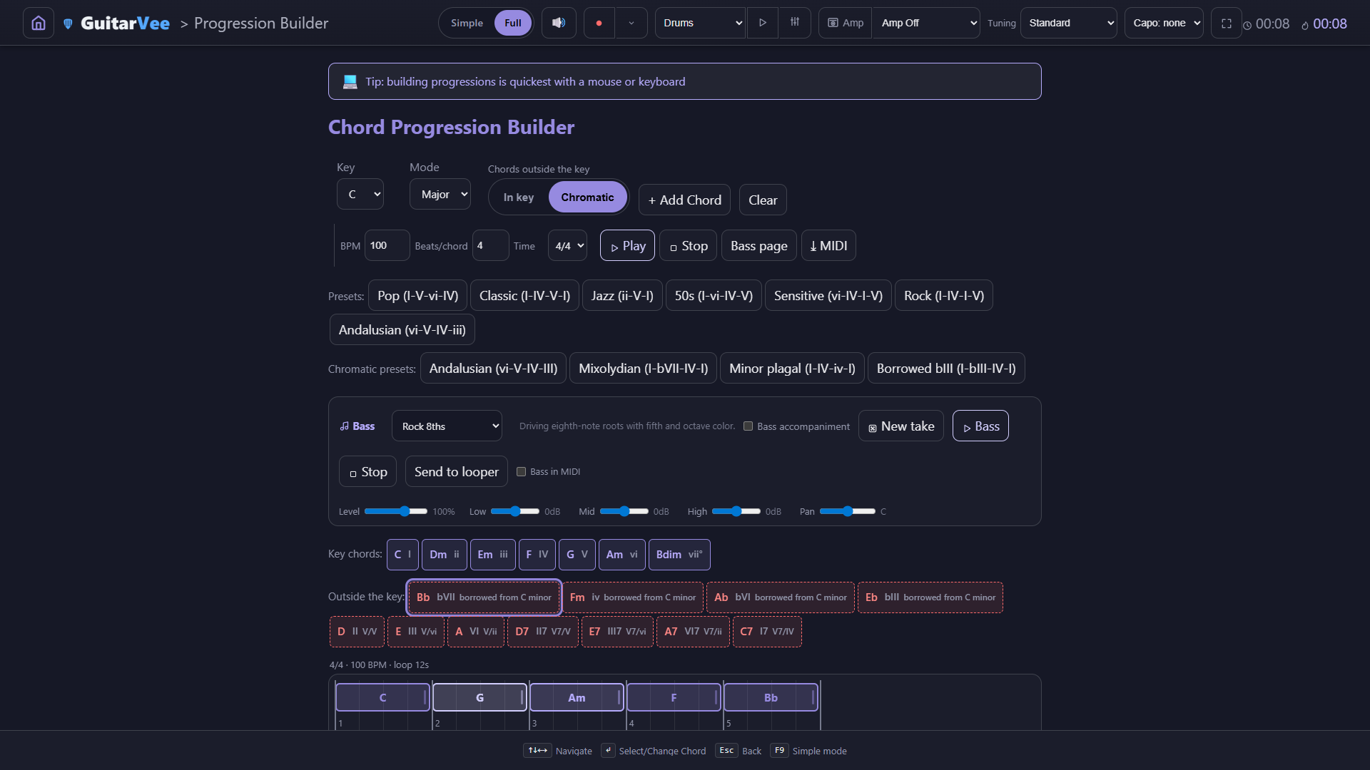 The Chord Progression Builder in C with Chromatic selected under 'Chords outside the key' — the key chords C, Dm, Em, F, G, Am, Bdim, an Outside the key row of red-bordered chips starting with Bb bVII borrowed from C minor, Fm, Ab and Eb, secondary dominants D7 and E7, chromatic presets, the bass strip, and a beat map reading C, G, Am, F, Bb