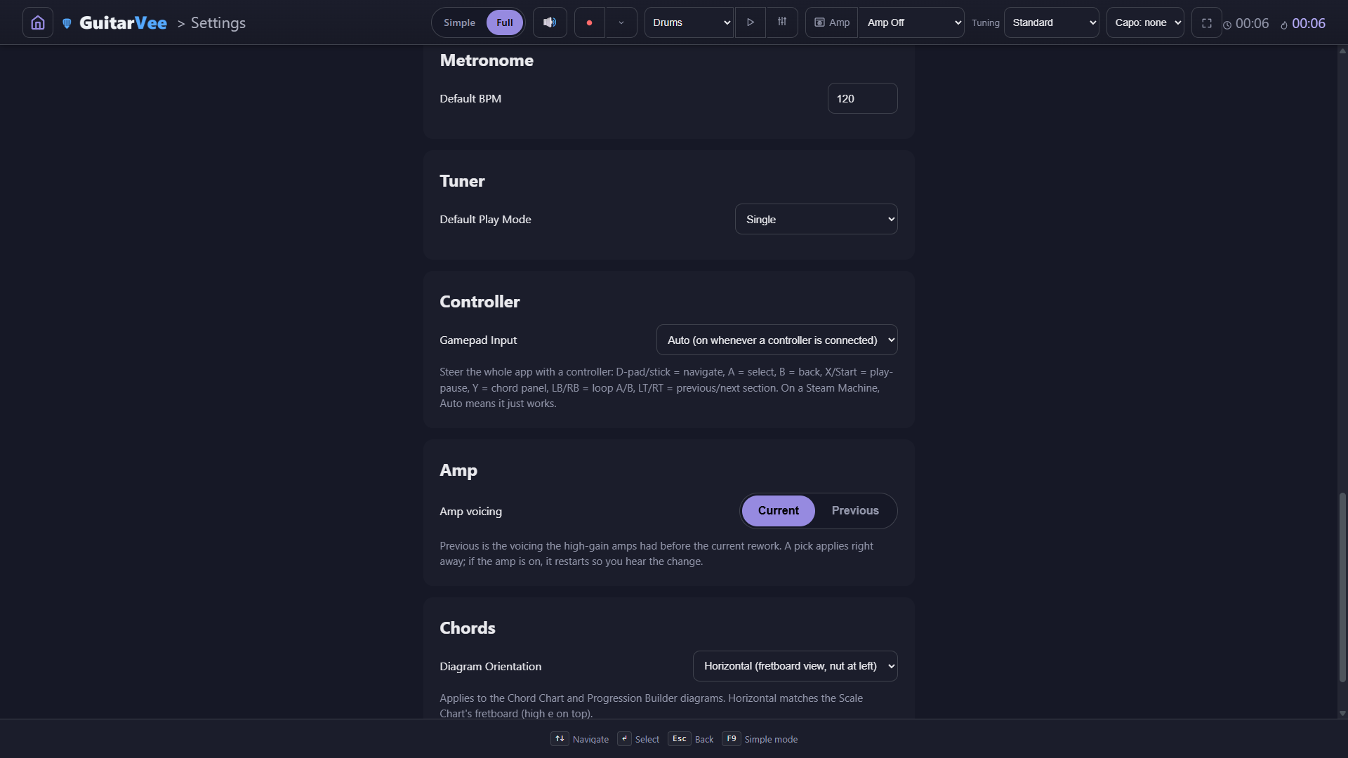 Settings — the Controller section with Gamepad Input set to Auto, and the Amp section with an Amp voicing switch reading Current | Previous, Current selected
