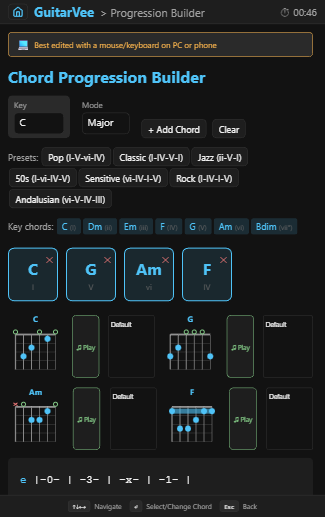 Chord progression builder with presets and diagrams