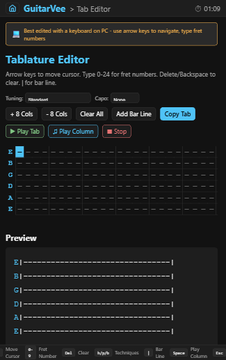 Tablature editor with live preview